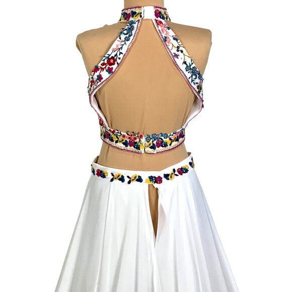 Custom 2PC Set Pageant Floral Embroidered Halter Top White Shorts Chiffon Skirt - Picture 9 of 10